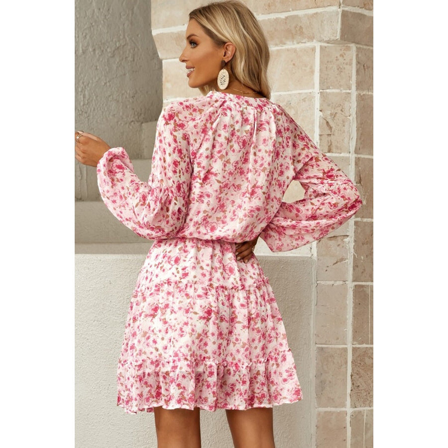 Floral Frill Trim Puff Sleeve Notched Neck Dress