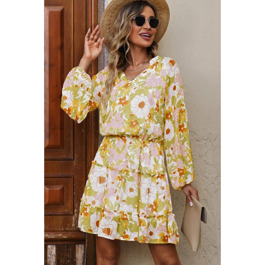 Floral Frill Trim Puff Sleeve Notched Neck Dress