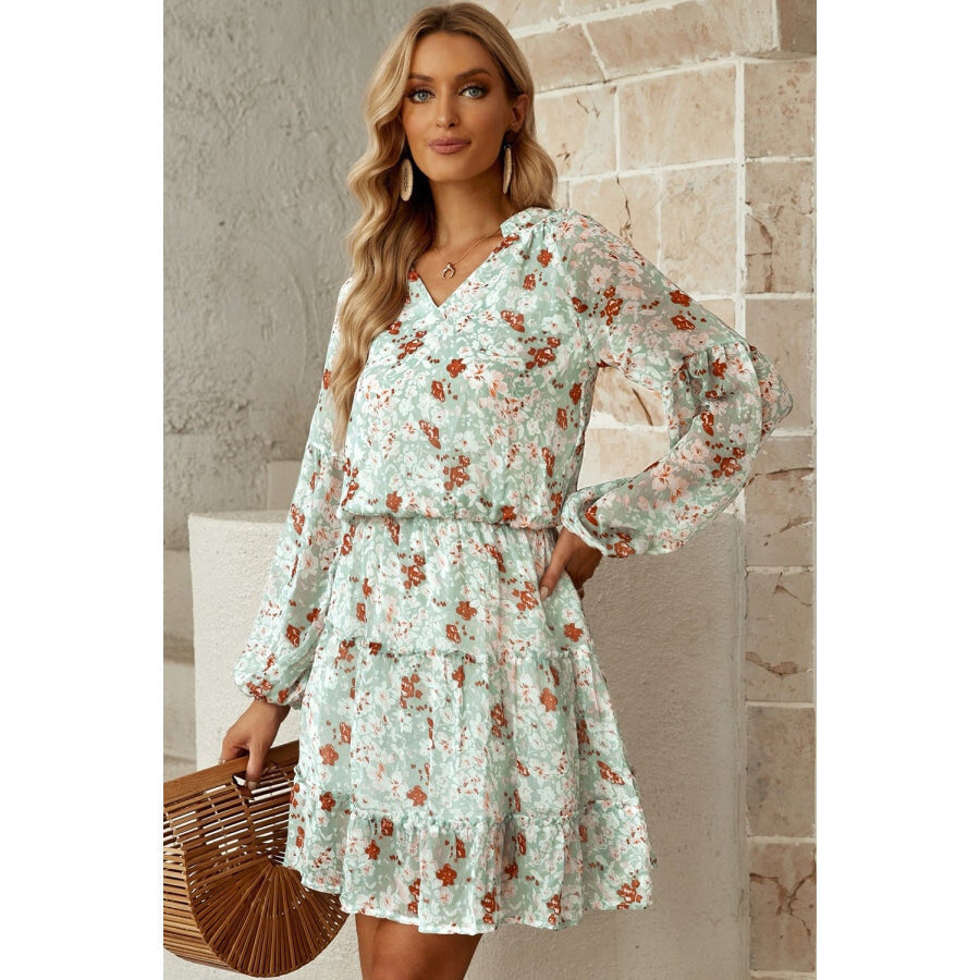 Floral Frill Trim Puff Sleeve Notched Neck Dress