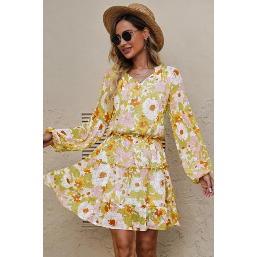 Floral Frill Trim Puff Sleeve Notched Neck Dress Yellow / S