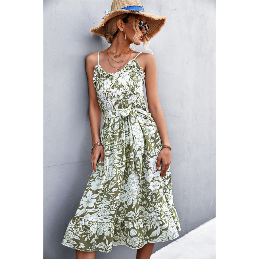 Floral Frill Trim Scoop Neck Spaghetti Strap Dress Matcha Green / S