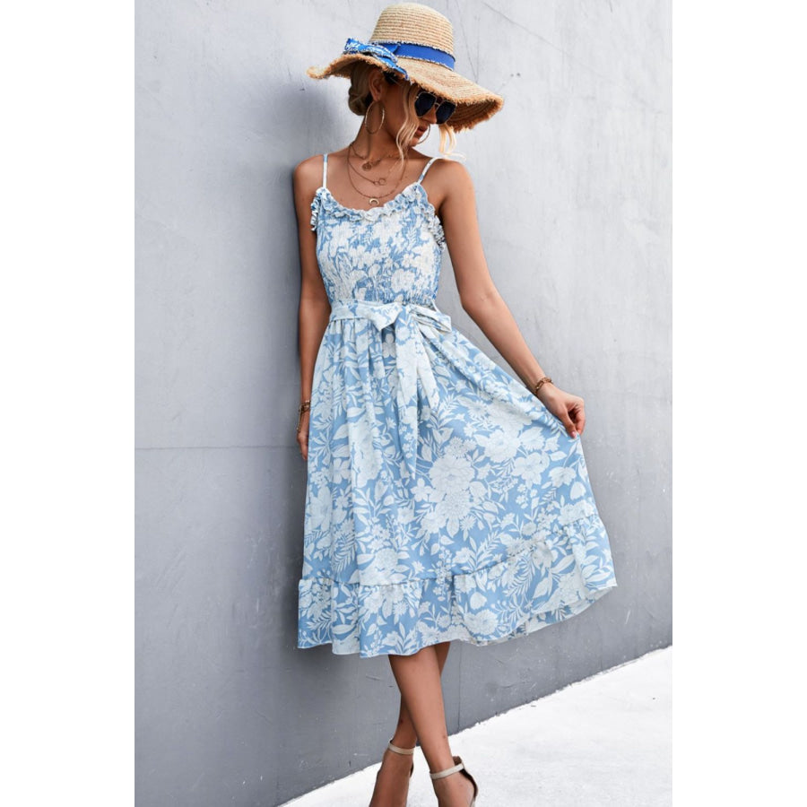 Floral Frill Trim Scoop Neck Spaghetti Strap Dress Pastel Blue / S