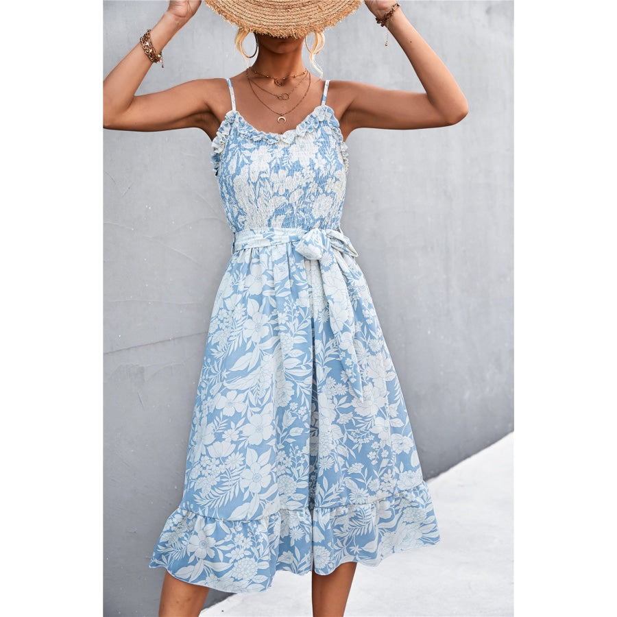 Floral Frill Trim Scoop Neck Spaghetti Strap Dress