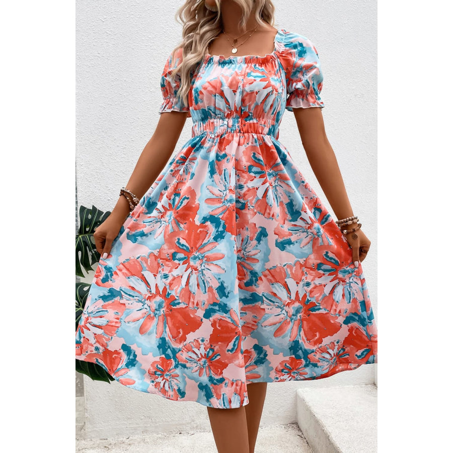 Floral Frill Trim Square Neck Dress Blue/Orange / S