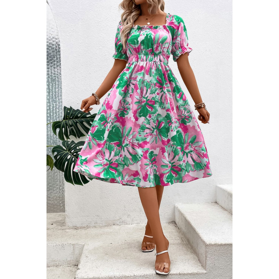 Floral Frill Trim Square Neck Dress Green/Pink / M