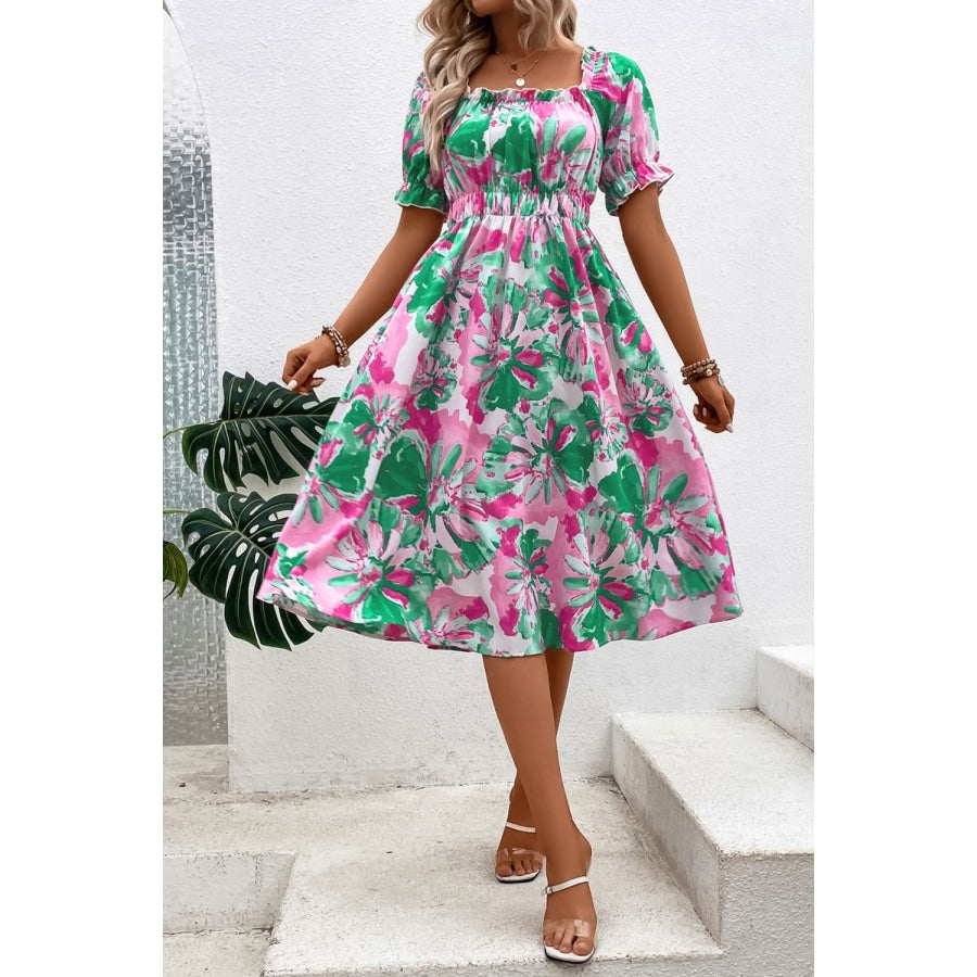 Floral Frill Trim Square Neck Dress Green/Pink / L