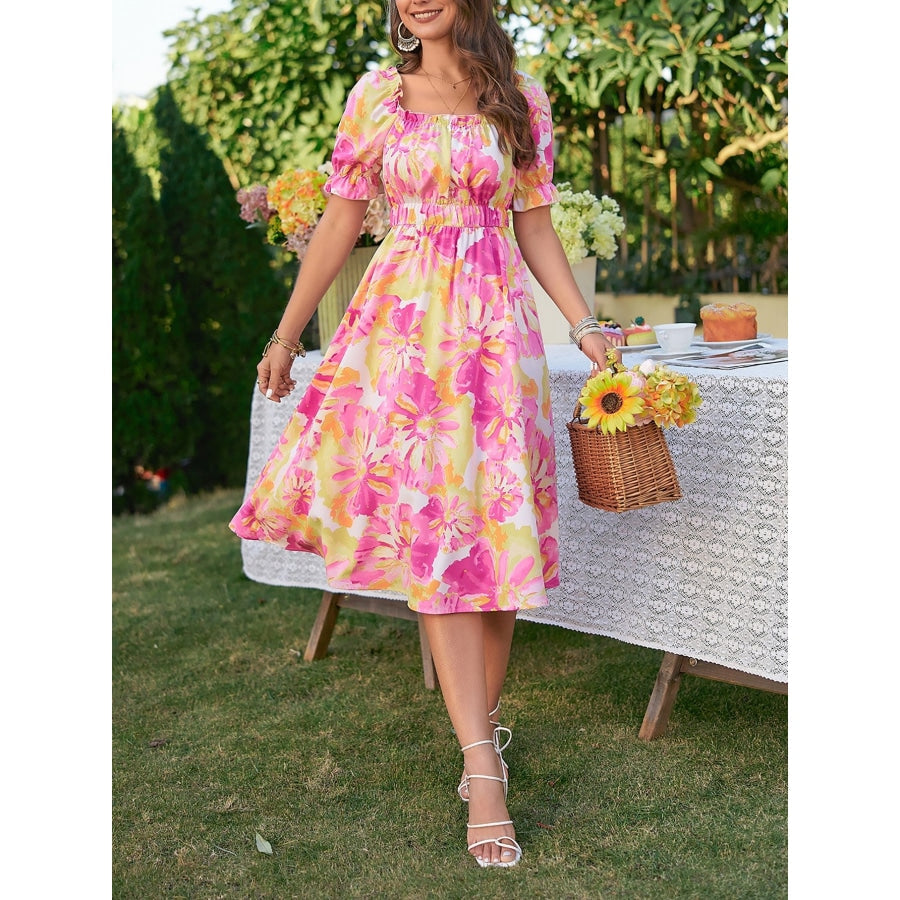 Floral Frill Trim Square Neck Dress