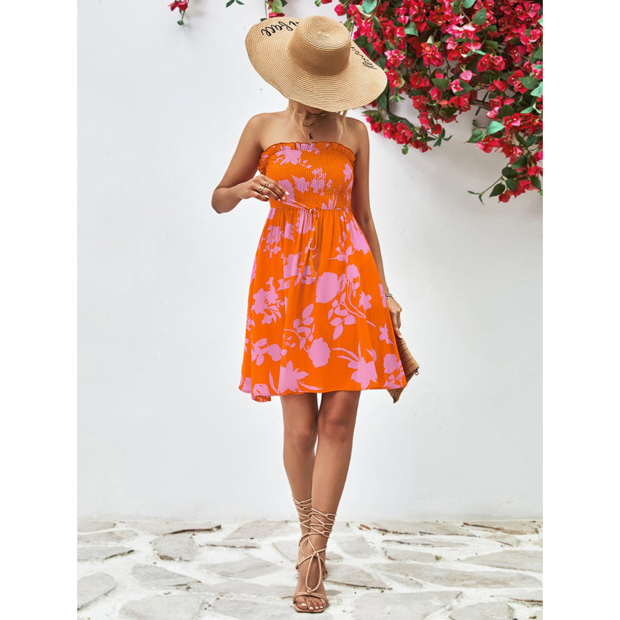 Floral Frill Trim Strapless Smocked Dress Apparel and Accessories