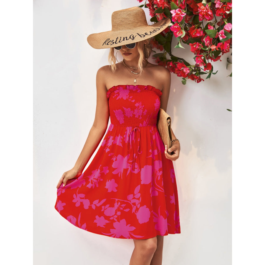 Floral Frill Trim Strapless Smocked Dress Apparel and Accessories