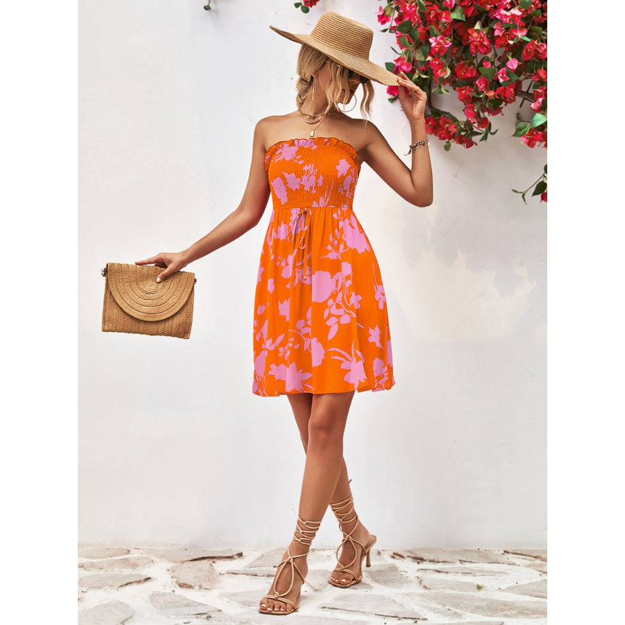 Floral Frill Trim Strapless Smocked Dress Apparel and Accessories
