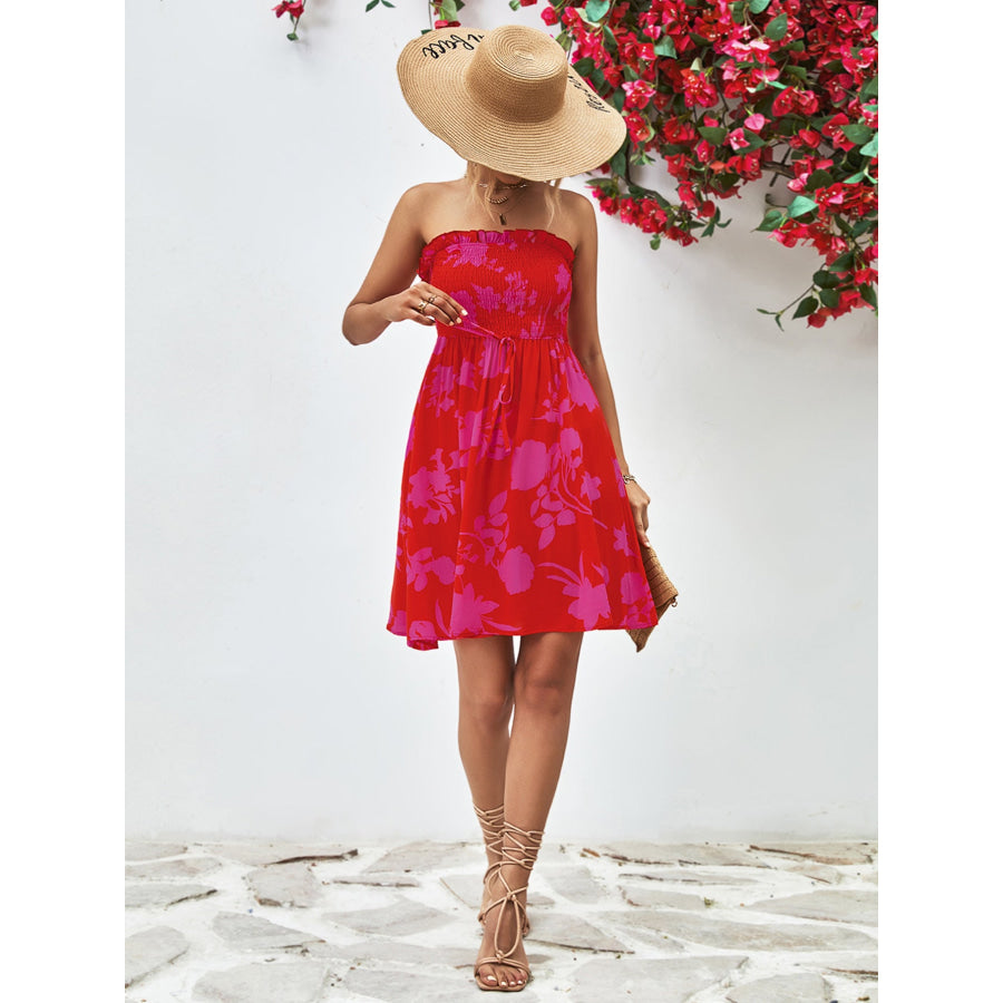 Floral Frill Trim Strapless Smocked Dress Apparel and Accessories
