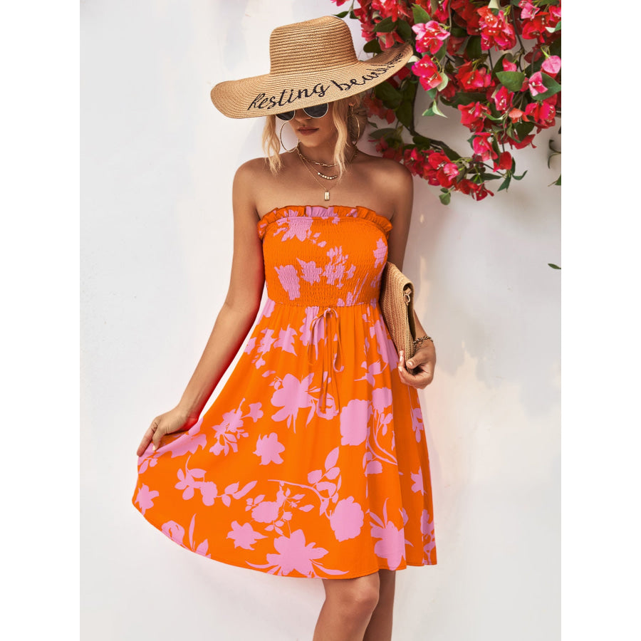Floral Frill Trim Strapless Smocked Dress Apparel and Accessories