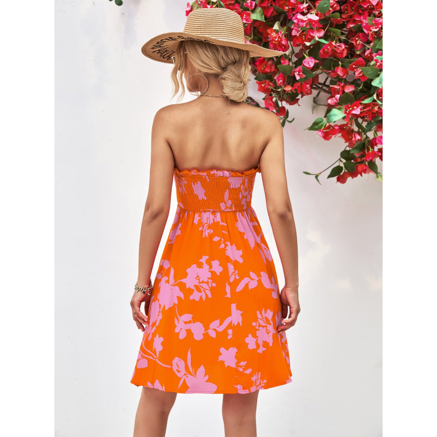 Floral Frill Trim Strapless Smocked Dress Apparel and Accessories