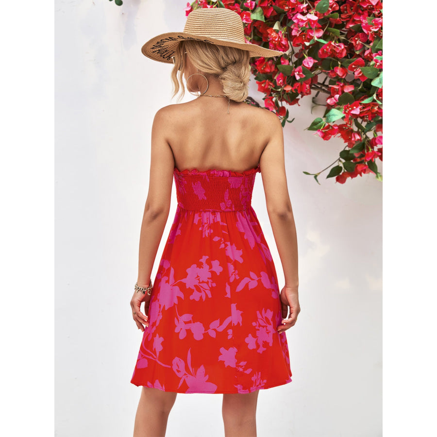 Floral Frill Trim Strapless Smocked Dress Apparel and Accessories