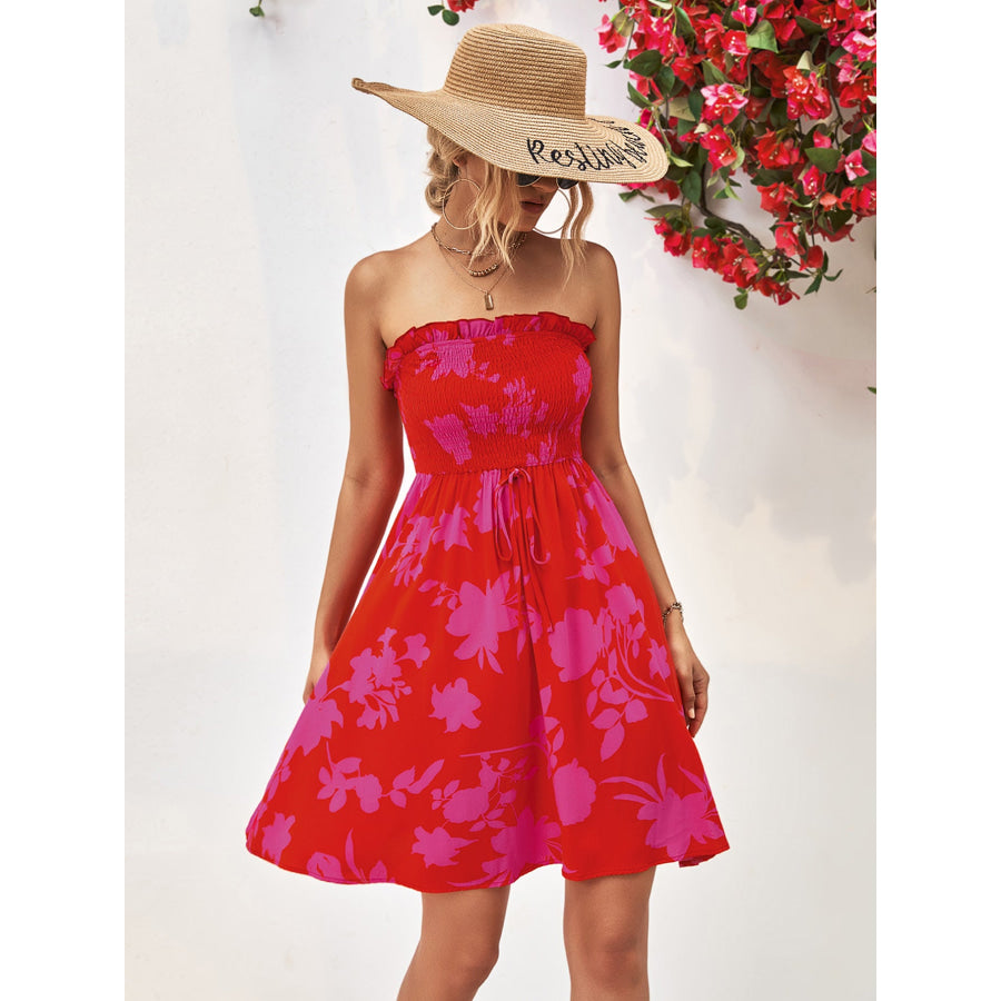 Floral Frill Trim Strapless Smocked Dress Deep Red / S Apparel and Accessories