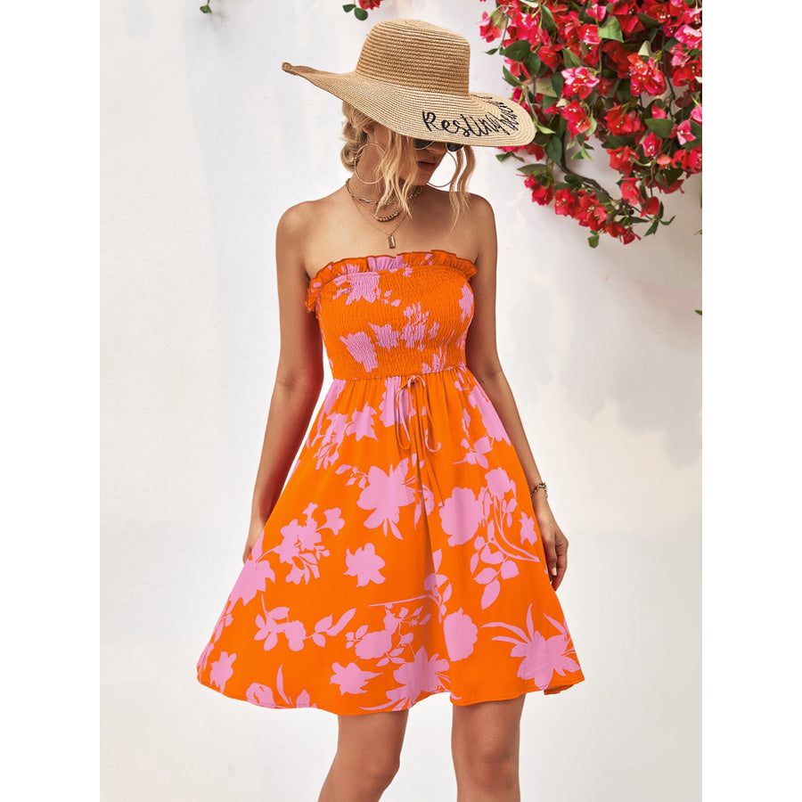 Floral Frill Trim Strapless Smocked Dress Orange / S Apparel and Accessories
