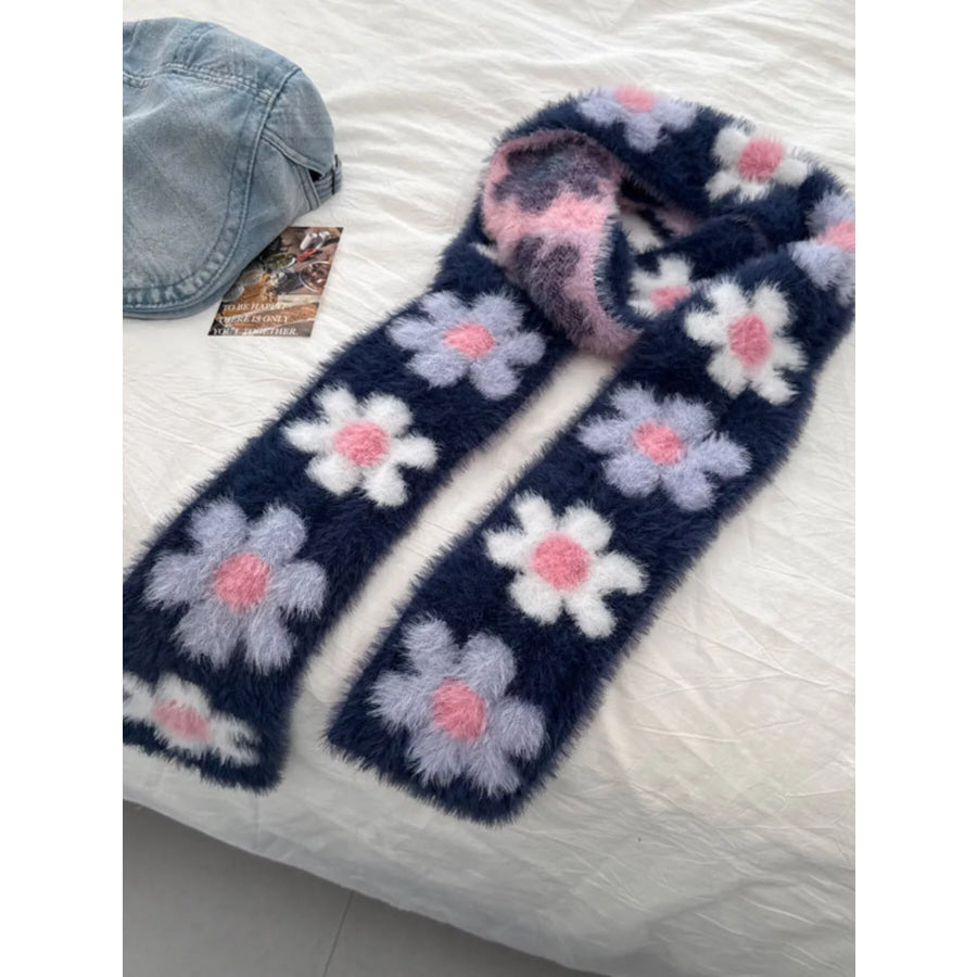 Floral Fuzzy Knit Scarf Navy / ONESIZE Apparel and Accessories
