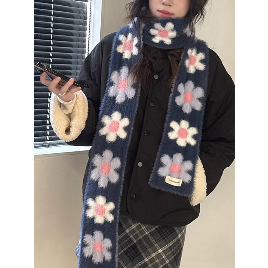 Floral Fuzzy Knit Scarf Navy / ONESIZE Apparel and Accessories