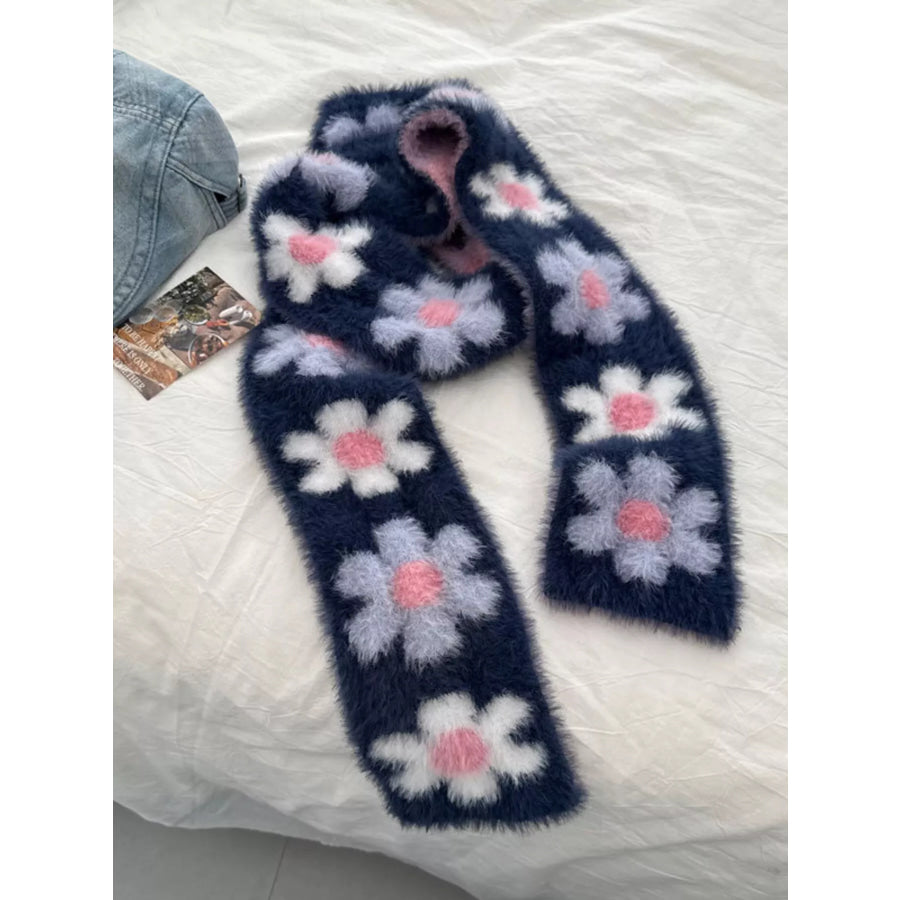 Floral Fuzzy Knit Scarf Navy / ONESIZE Apparel and Accessories