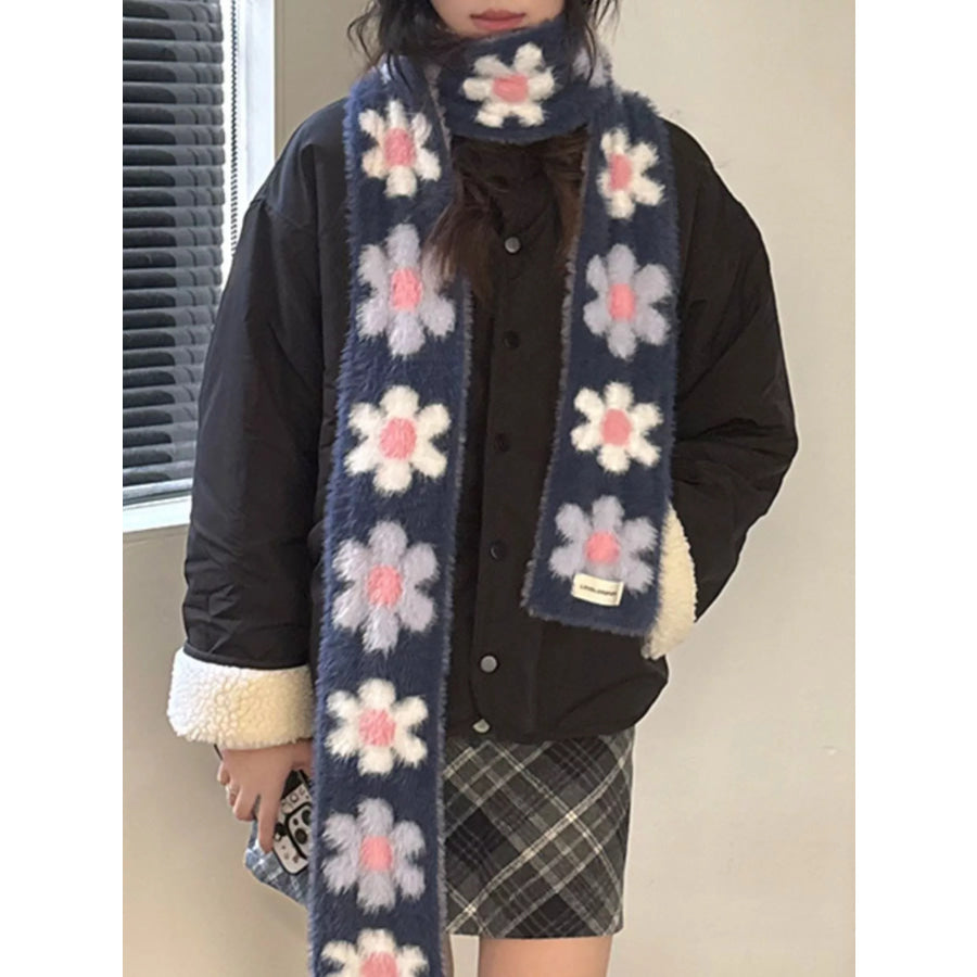 Floral Fuzzy Knit Scarf Navy / ONESIZE Apparel and Accessories