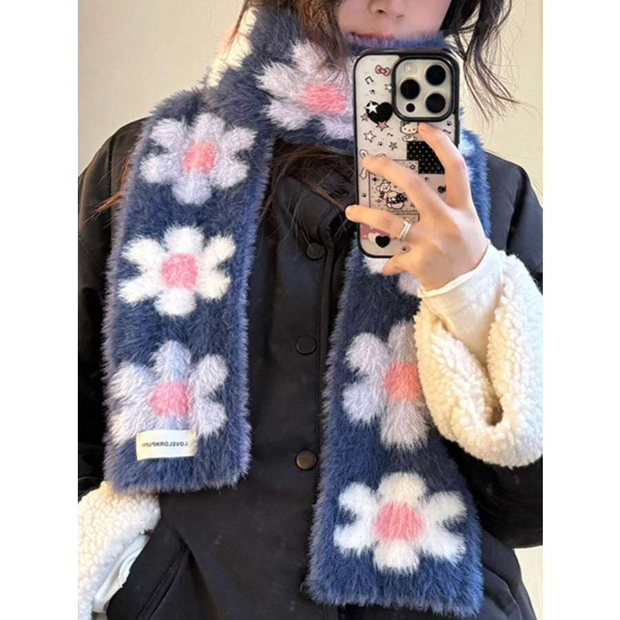 Floral Fuzzy Knit Scarf Navy / ONESIZE Apparel and Accessories