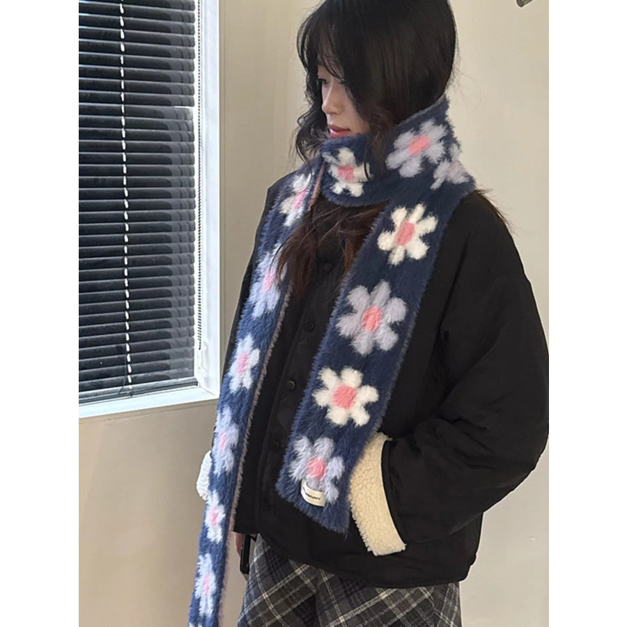 Floral Fuzzy Knit Scarf Navy / ONESIZE Apparel and Accessories