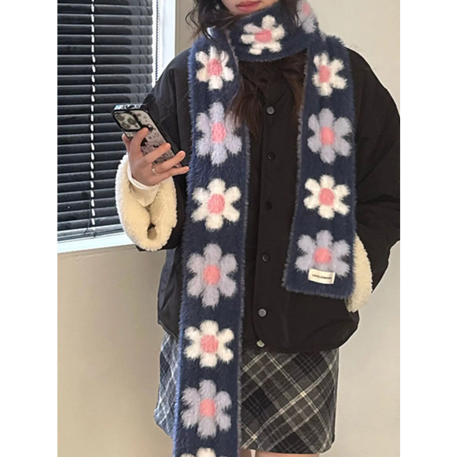 Floral Fuzzy Knit Scarf Navy / ONESIZE Apparel and Accessories