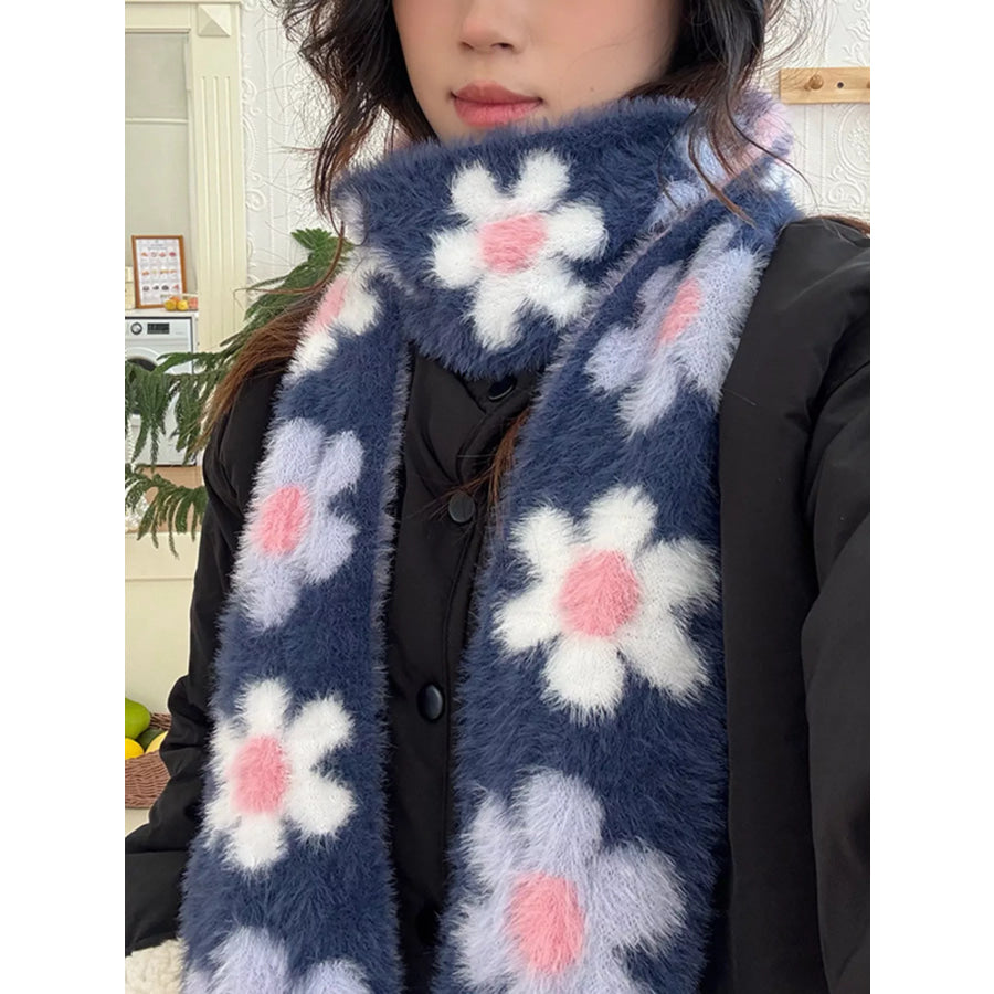 Floral Fuzzy Knit Scarf Navy / ONESIZE Apparel and Accessories