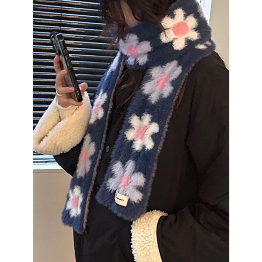 Floral Fuzzy Knit Scarf Navy / ONESIZE Apparel and Accessories