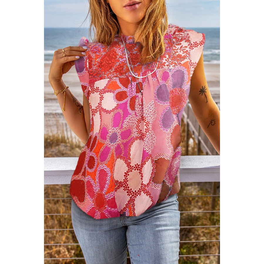 Floral Gathered Detail Capped Sleeve Blouse Deep Rose / S