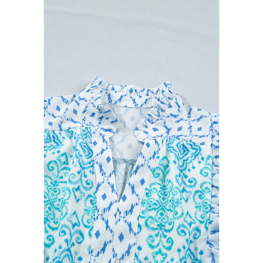 Floral Geometric Patchwork Ruffle Detail Puff Sleeve Mini Dress Apparel and Accessories