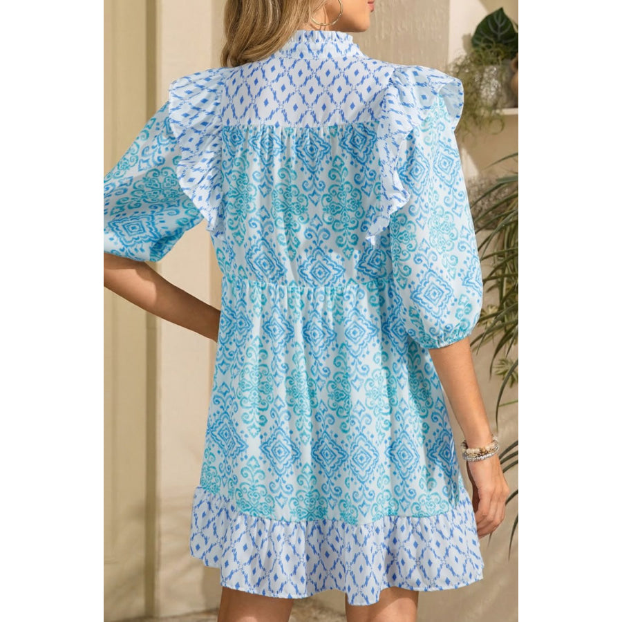 Floral Geometric Patchwork Ruffle Detail Puff Sleeve Mini Dress Apparel and Accessories