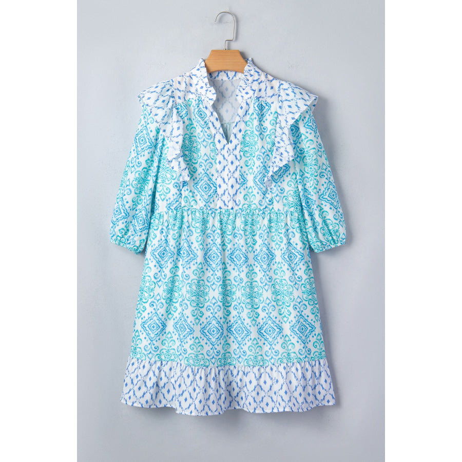 Floral Geometric Patchwork Ruffle Detail Puff Sleeve Mini Dress Apparel and Accessories