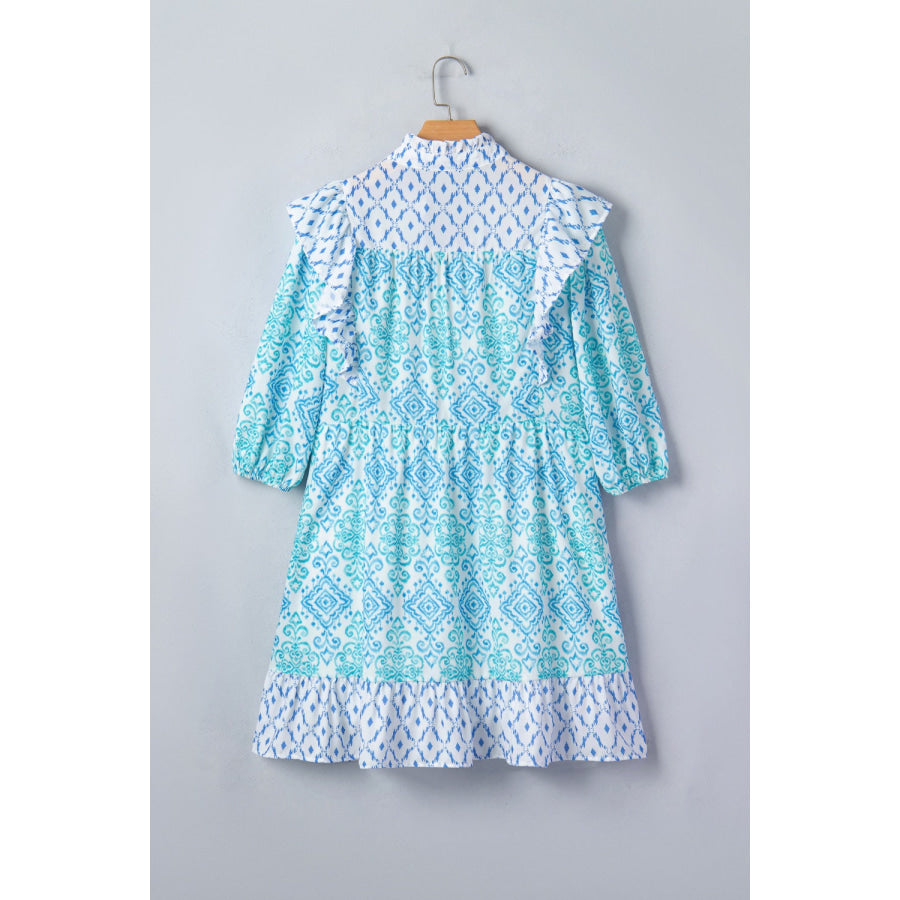 Floral Geometric Patchwork Ruffle Detail Puff Sleeve Mini Dress Apparel and Accessories