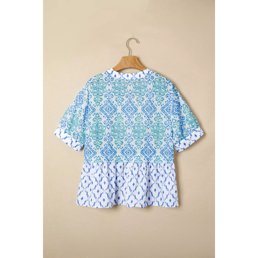 Floral Geometric Patchwork Short Puff Sleeve Babydoll Blouse Apparel and Accessories