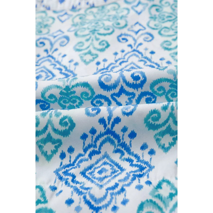 Floral Geometric Patchwork Short Puff Sleeve Babydoll Blouse Apparel and Accessories