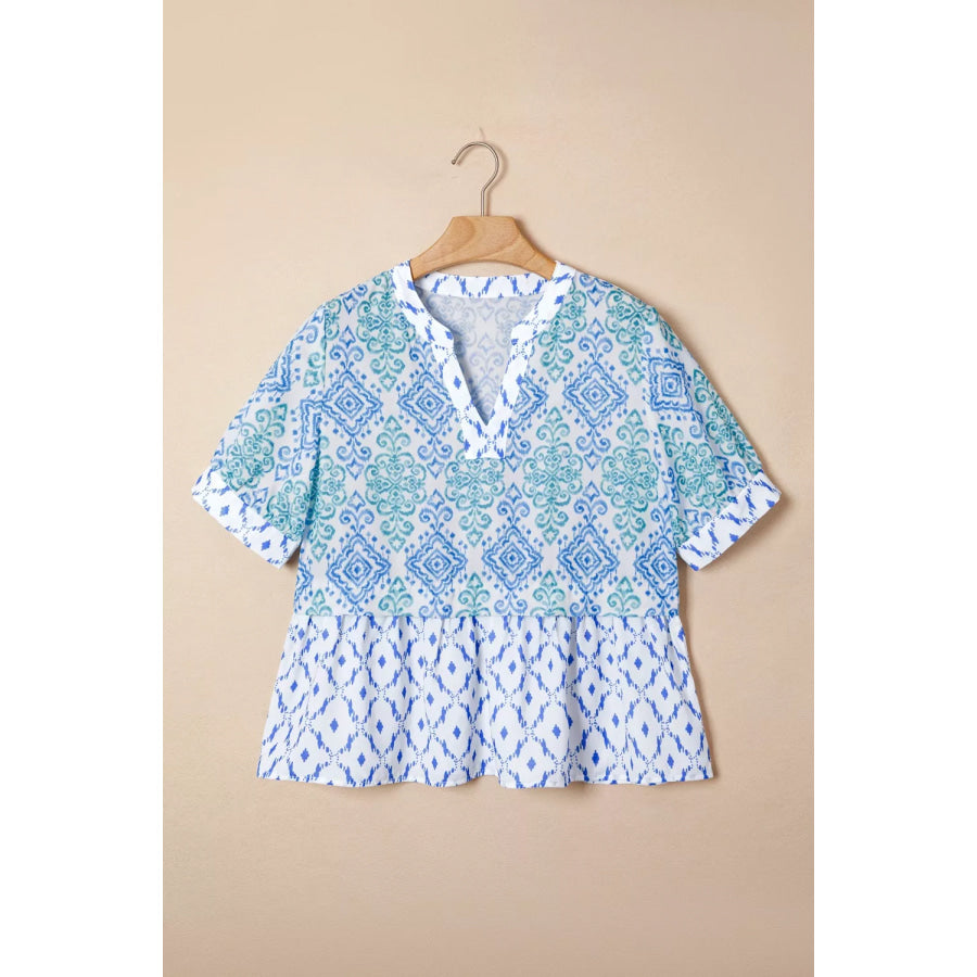 Floral Geometric Patchwork Short Puff Sleeve Babydoll Blouse Apparel and Accessories