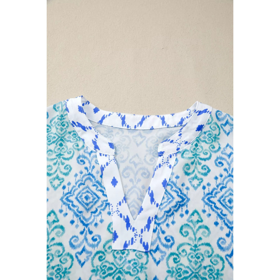 Floral Geometric Patchwork Short Puff Sleeve Babydoll Blouse Apparel and Accessories