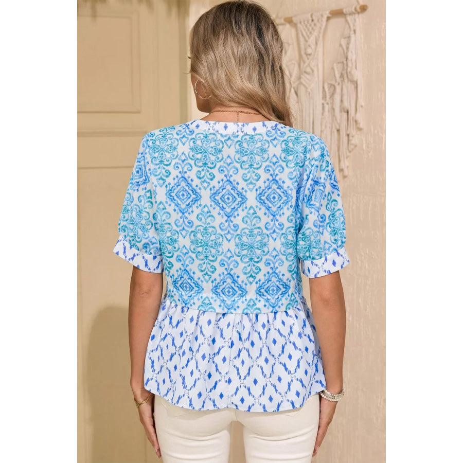 Floral Geometric Patchwork Short Puff Sleeve Babydoll Blouse Apparel and Accessories
