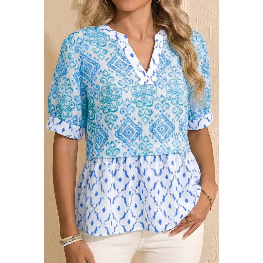 Floral Geometric Patchwork Short Puff Sleeve Babydoll Blouse Light Blue / S Apparel and Accessories