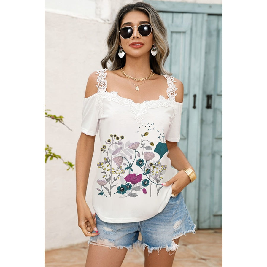 Floral Graphic Cold-Shoulder Top White / S