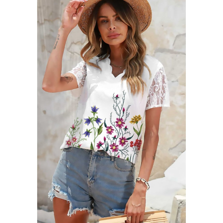 Floral Graphic Scalloped V-Neck Top