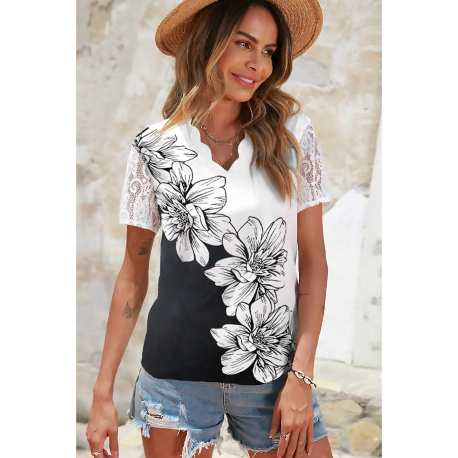 Floral Graphic Scalloped V-Neck Top