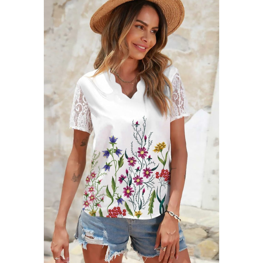 Floral Graphic Scalloped V-Neck Top