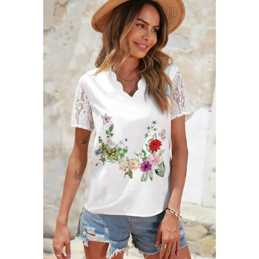 Floral Graphic Scalloped V-Neck Top