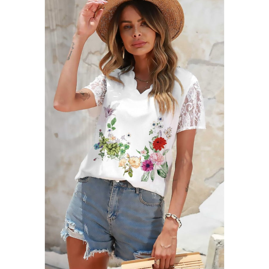 Floral Graphic Scalloped V-Neck Top