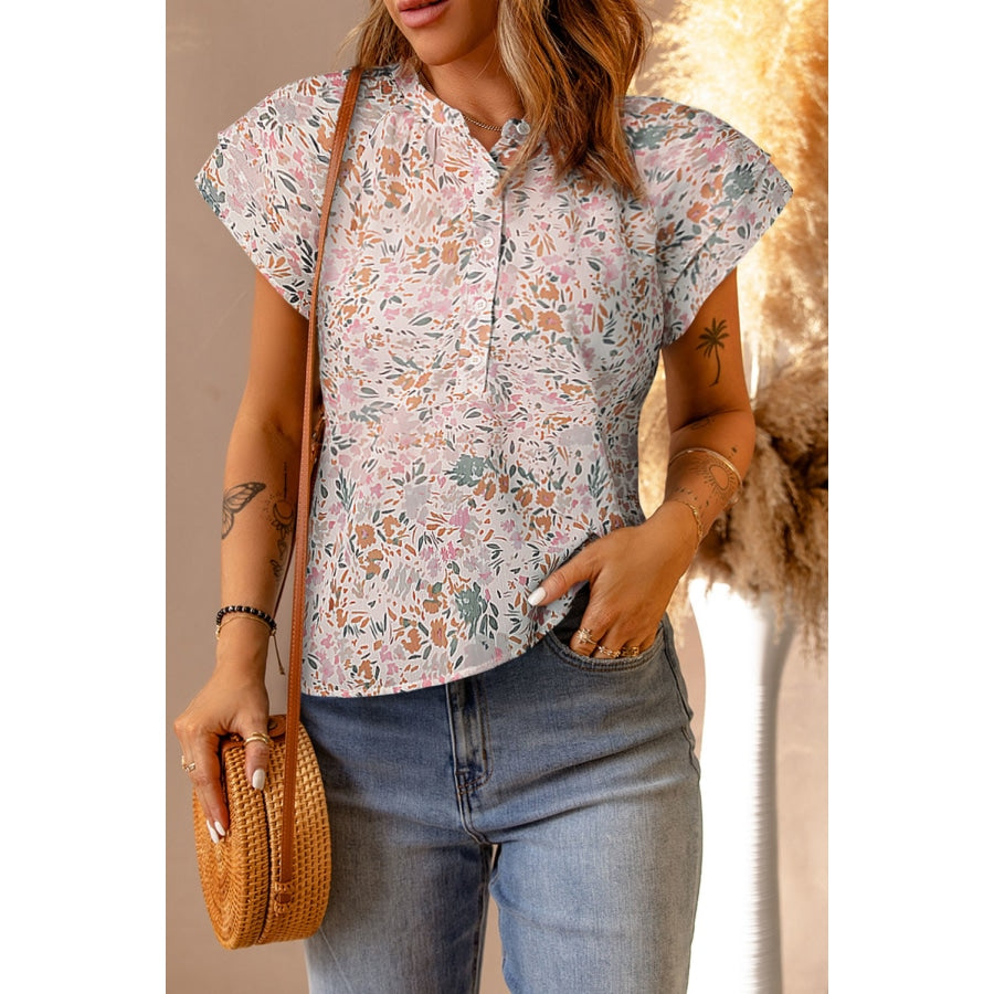 Floral Half-Button Flutter Sleeve Blouse Beige / S