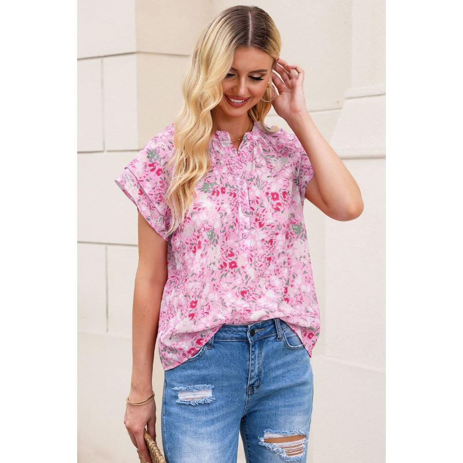 Floral Half-Button Flutter Sleeve Blouse