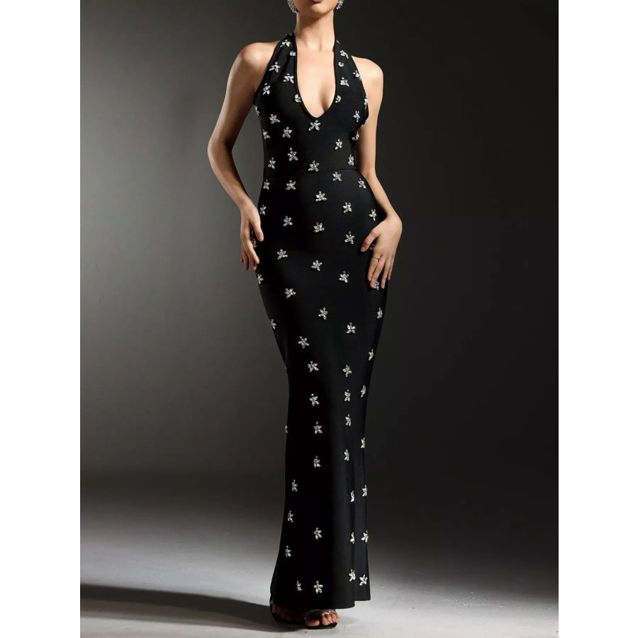 Floral Halter Neck Maxi Dress Black / S Apparel and Accessories