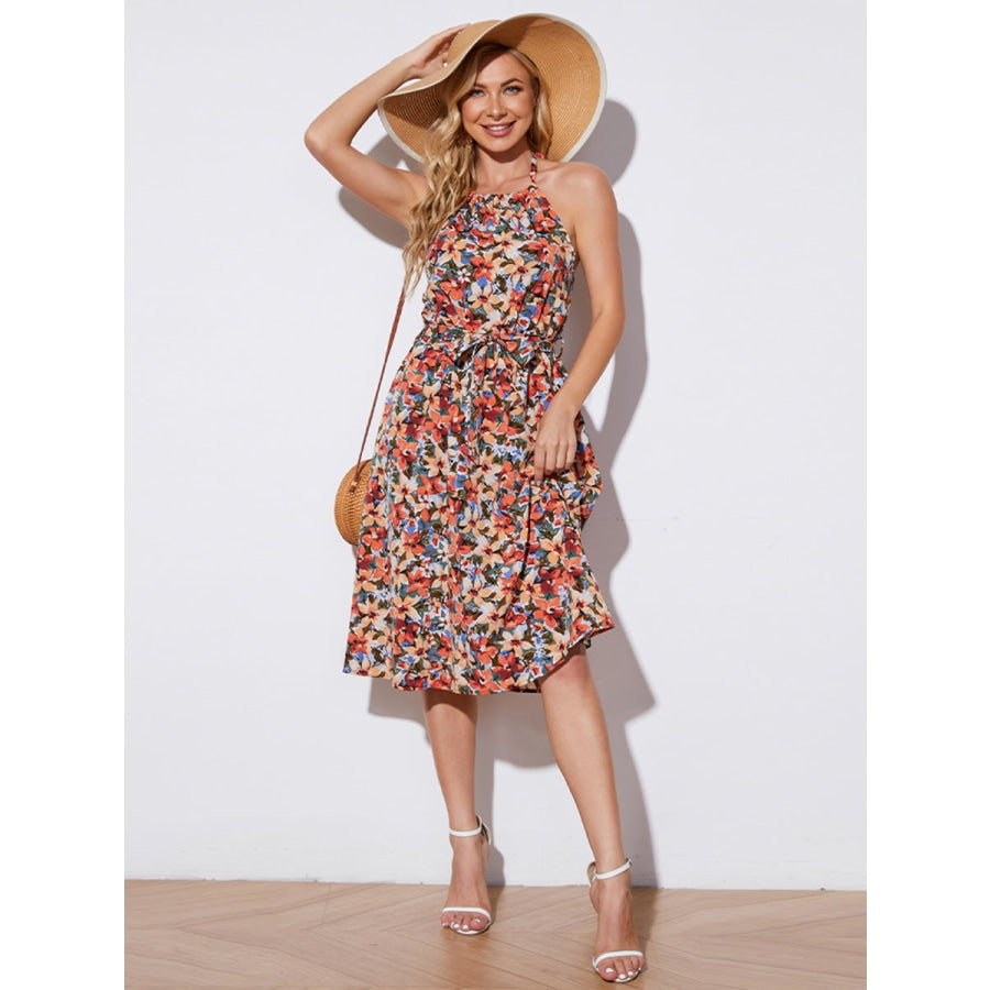 Floral Halter Neck Tie-Waist Backless Dress Floral / S